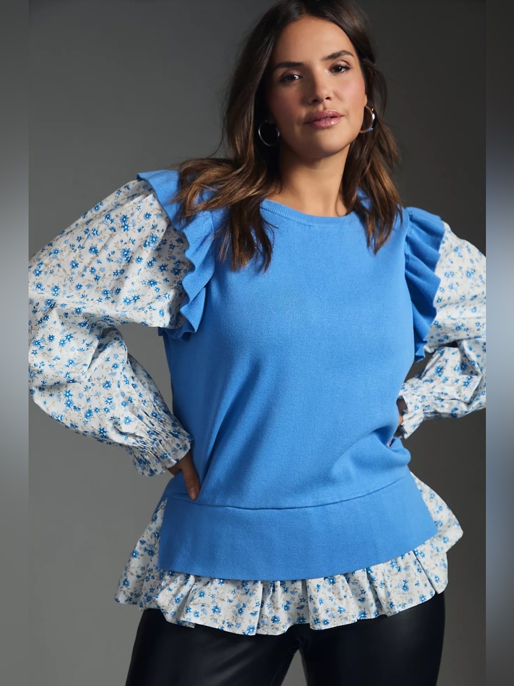 ANTHROPOLOGIE Flutter-Sleeve Floral Layered Knit Sweater